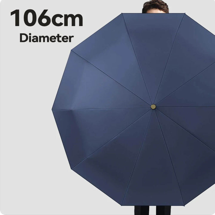 Otwarty wiatroodporny parasol automatyczny 106 cm, chroniący przed deszczem i UV. Elegancki, z drewnianą rączką.