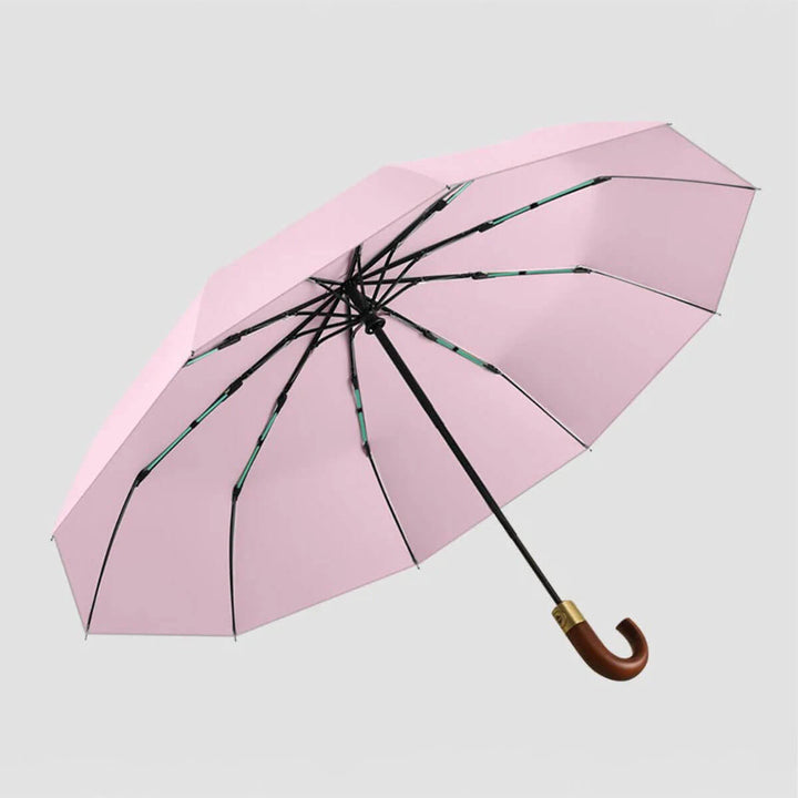 Parasol automatyczny składany 106 cm, otwarty z boku, ukazujący drewnianą rączkę. Chroni przed deszczem i UV.