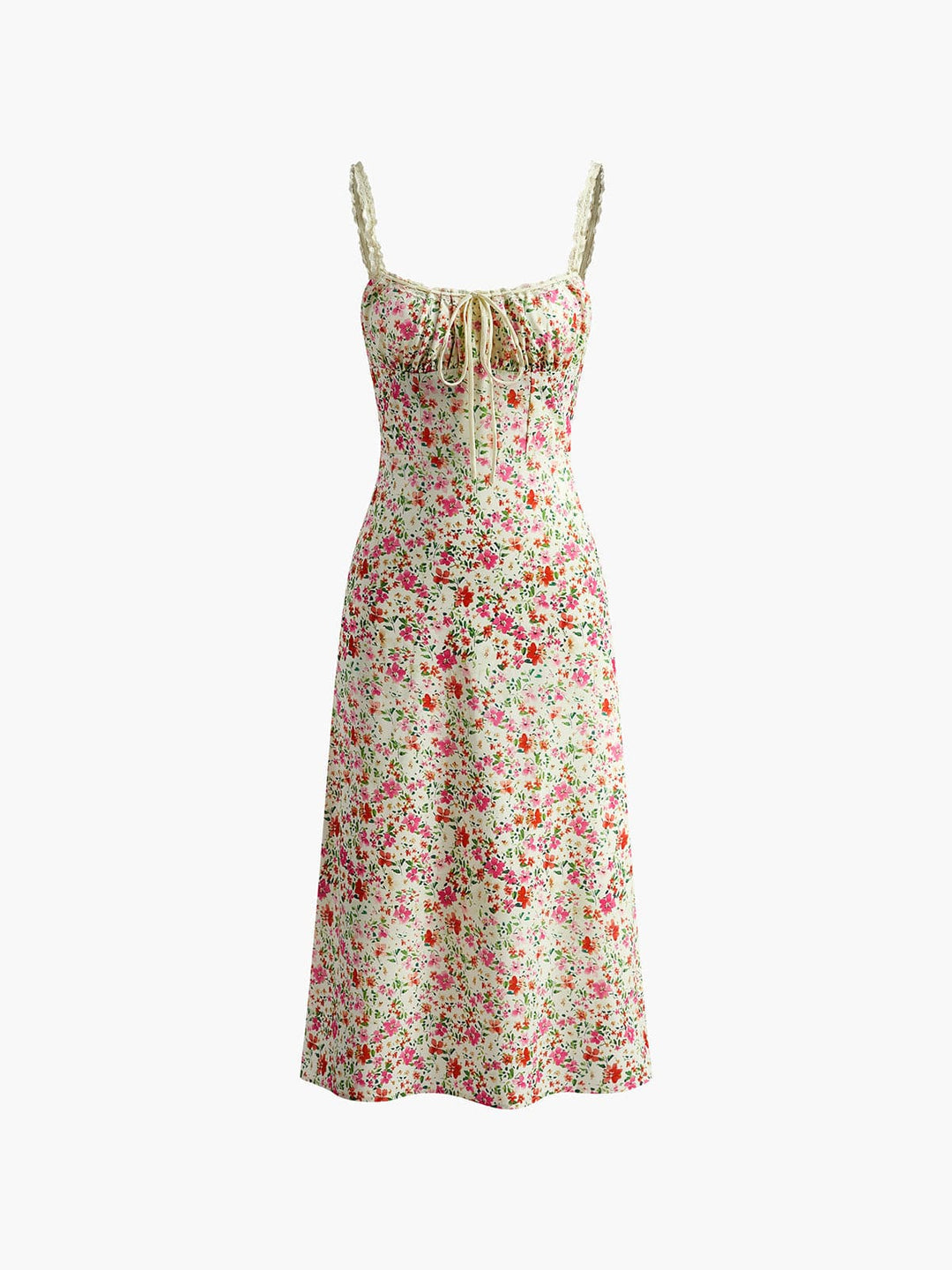 Damska sukienka midi w stylu vintage, kwiatowy wzór, romantyczne detale, elegancka.