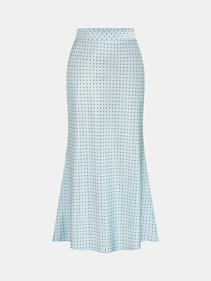 Elegancka damska spódnica maxi satynowa. Akwamarynowa spódnica w kropki, syreni krój, idealna na wieczór.
