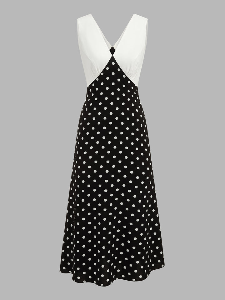 Zwiewna, letnia sukienka maxi w modne groszki, kobieca i elegancka, bez rękawów.