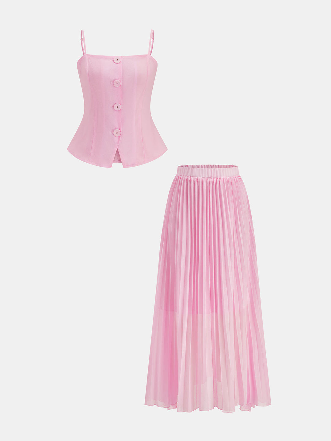 Różowy modny komplet damski na lato: plisowana spódnica maxi i top na ramiączkach. Elegancki zestaw.