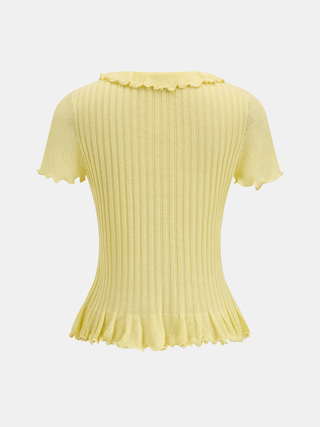 Elegancki casualowy top damski prążkowany z krótkim rękawem, dekoltem V i uroczą falbanką. Uniwersalny model.