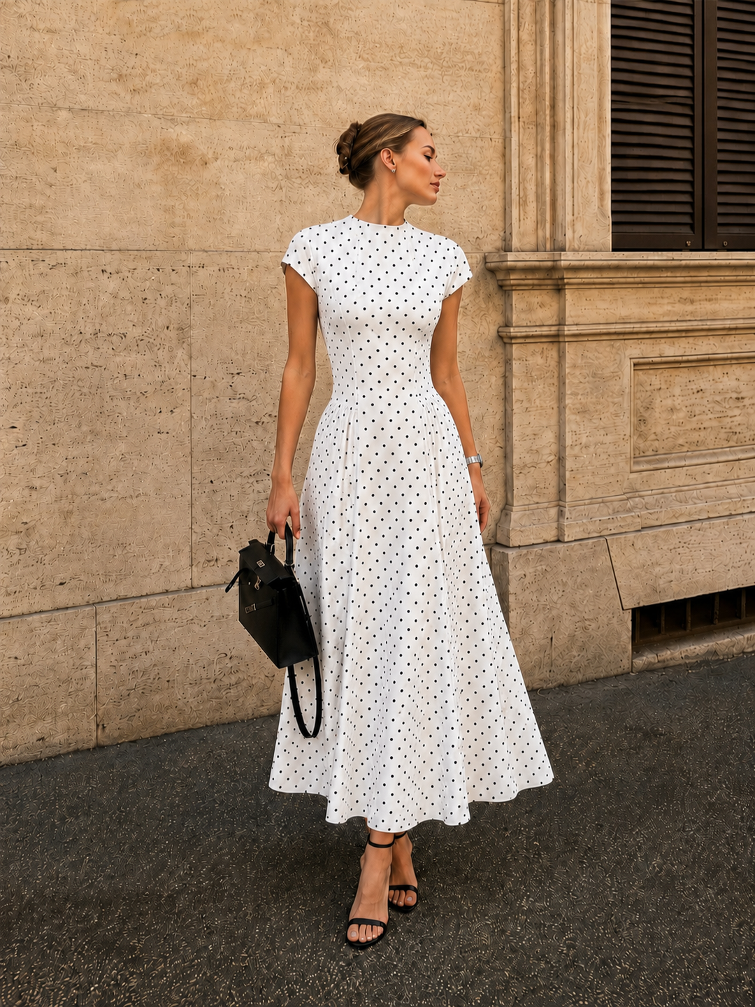 Elegancka damska sukienka maxi w białe kropki, rozkloszowana, z krótkim rękawem i stójką, idealna na lato.