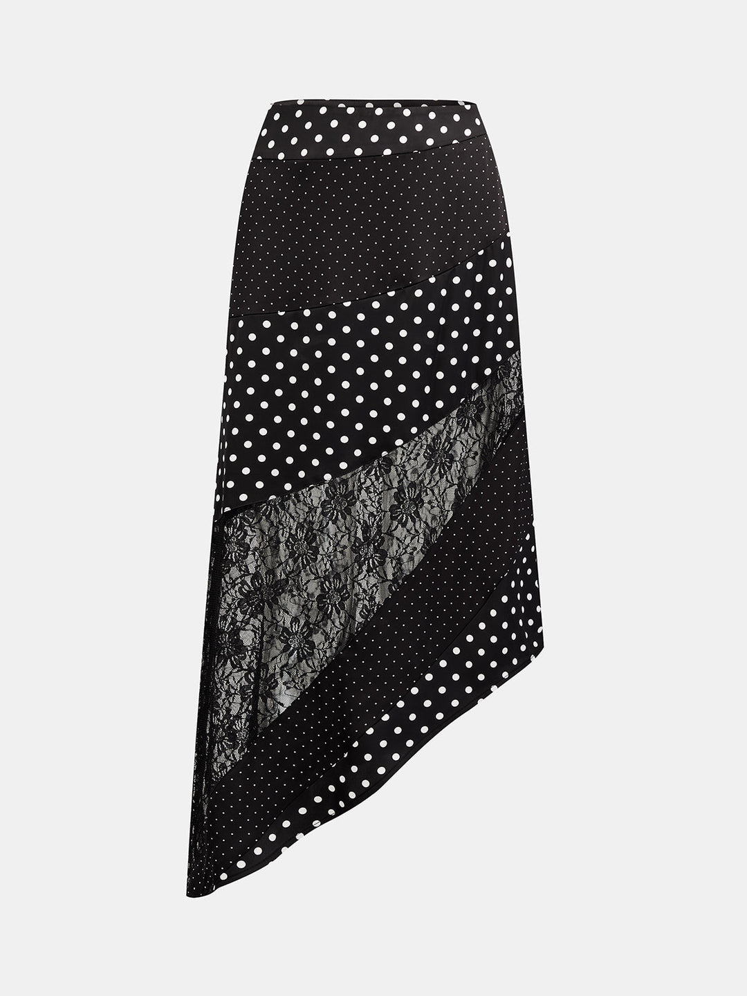 Damska asymetryczna spódnica midi w czarne groszki z koronką. Elegancka spódnica casualowa.