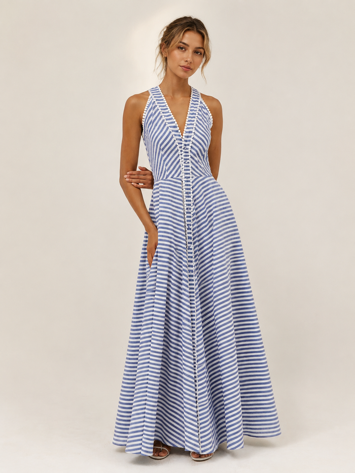 Elegancka damska sukienka midi w paski z dekoltem halter. Idealna na lato i wakacje, slim fit.