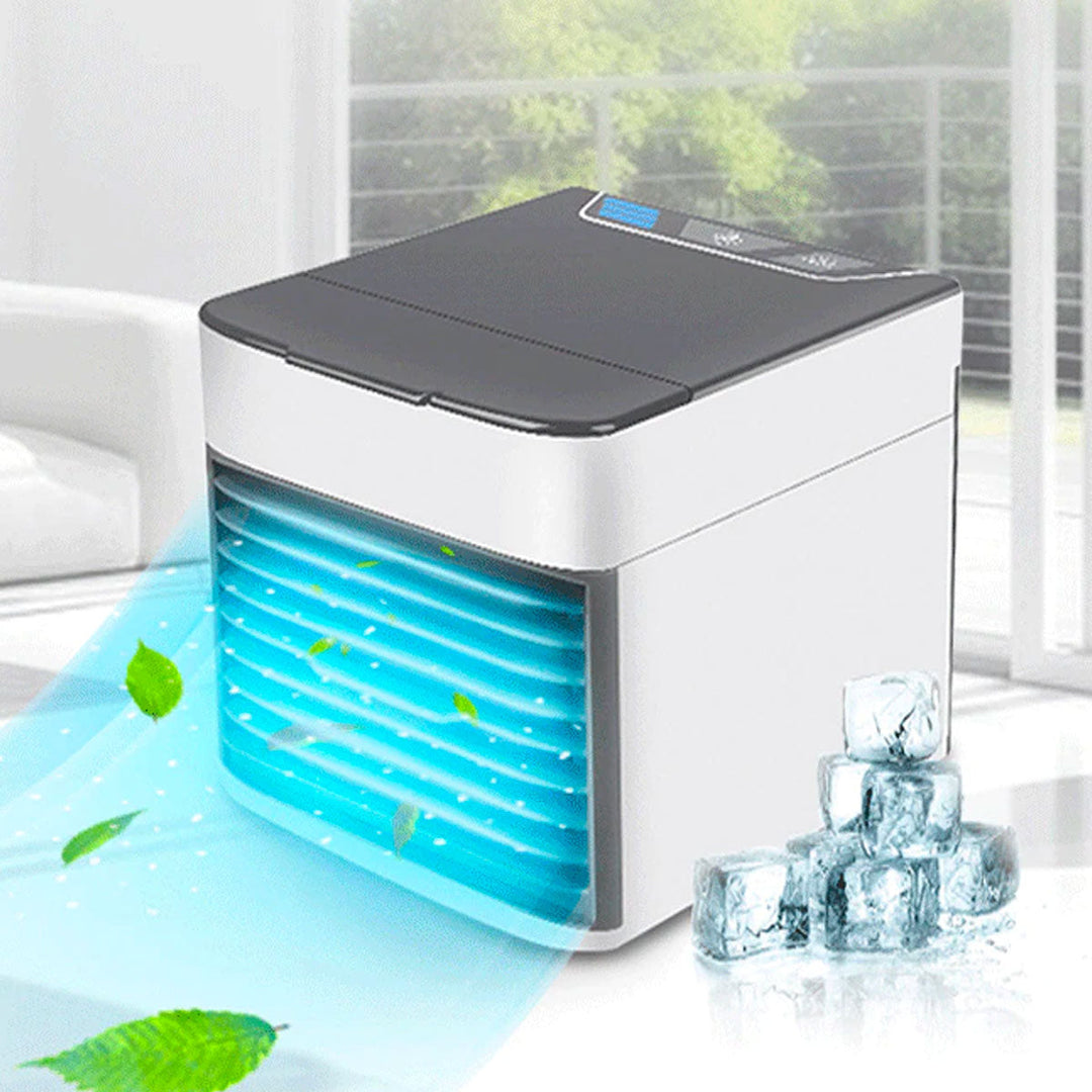 Kompaktowy mini klimatyzator 3w1 chłodzi, nawilża i oczyszcza powietrze. Idealny do domu i biura.