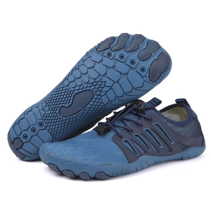 Detale oddychającego materiału butów barefoot unisex, lekkich i elastycznych. Zdrowie stóp.