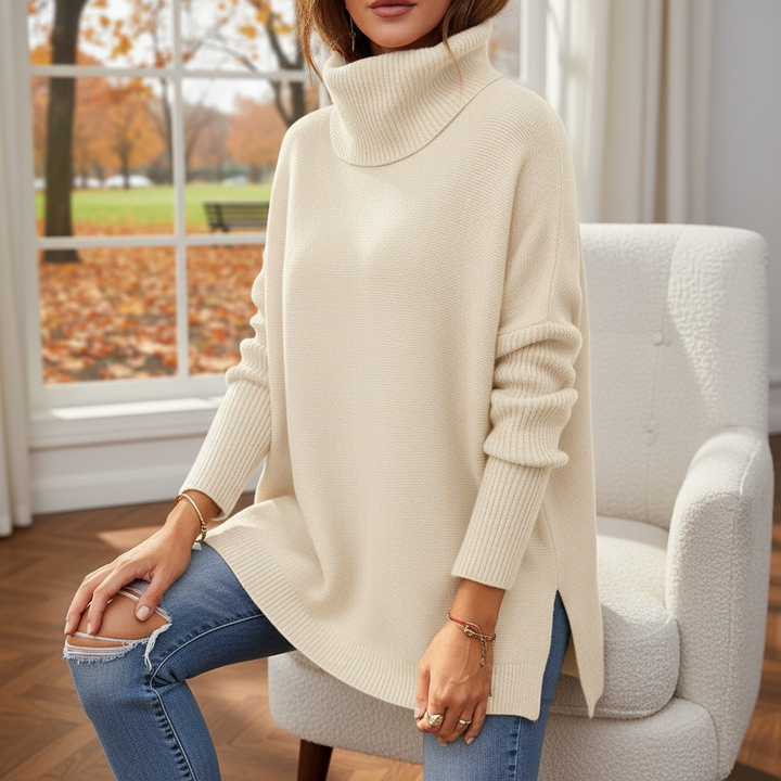 Sweter damski z golfem, luźny i komfortowy, idealny na jesień i zimę. Ciepły, elegancki i modny.