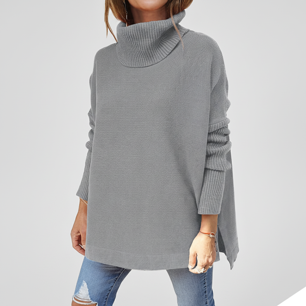 Jesienny sweter damski z golfem, luźny i ciepły. Stylowy wybór na chłodne dni, do codziennych outfitów.