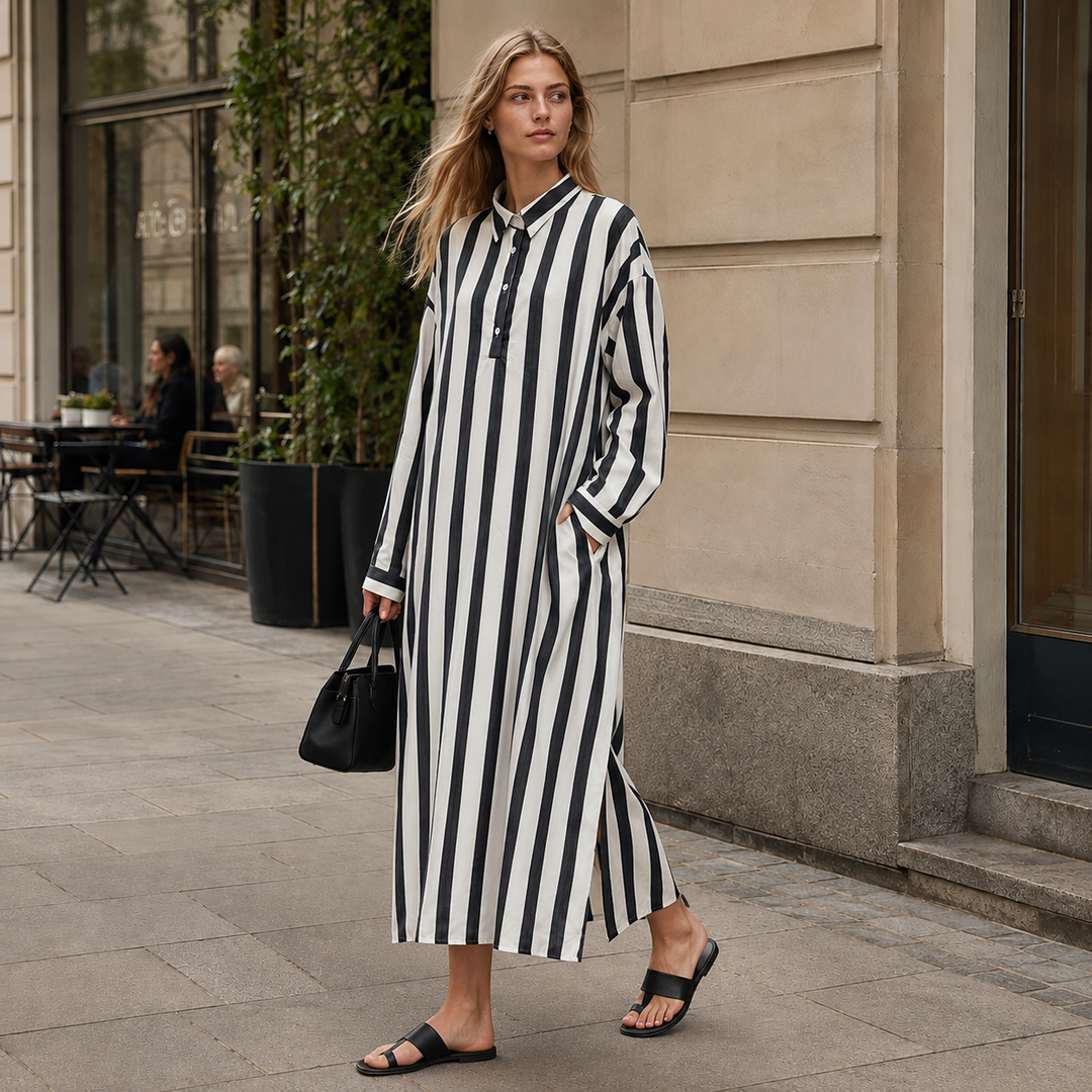 Modna sukienka maxi damska w paski, koszulowa, z kieszeniami. Oversize, idealna na letni styl, uniwersalna.