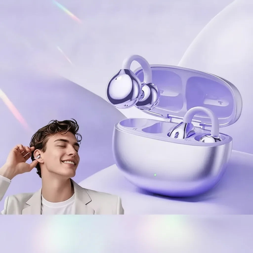 Bezprzewodowe słuchawki douszne Bluetooth z etui ładującym, otwartą konstrukcją i inteligentną redukcją szumów AI.