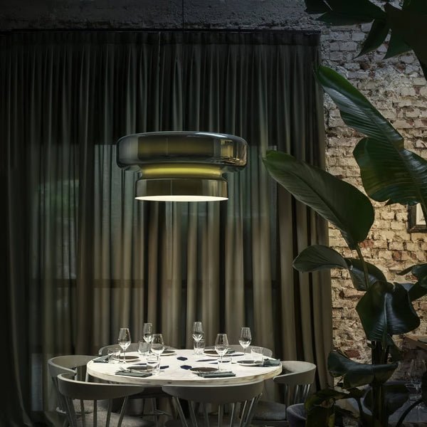 Lampa wisząca nowoczesna, szkło dmuchane bursztynowe. Eleganckie oświetlenie sufitowe do jadalni.