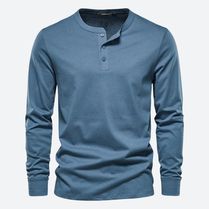 Stylowa koszulka męska Henley z długim rękawem, komfortowa, na lato i codzienne stylizacje.