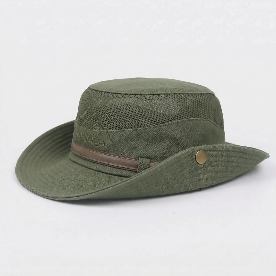 Unisex kapelusz outdoorowy z ochroną UV, szerokim rondem. Idealny na camping, plażę, wędkowanie i letnie wyprawy.