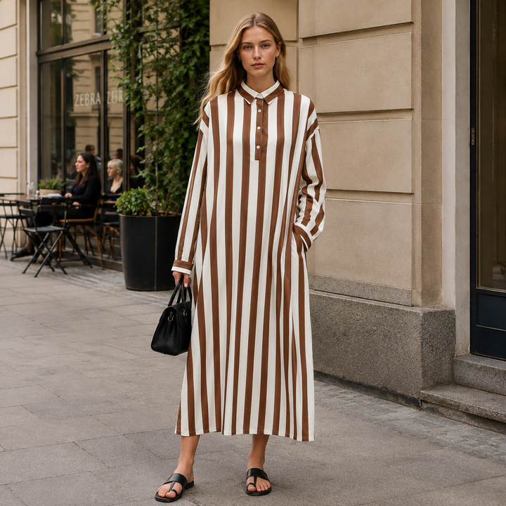 Wygodna letnia sukienka maxi damska w paski, styl oversize. Koszulowy krój, idealna na upalne dni. Z kieszeniami.