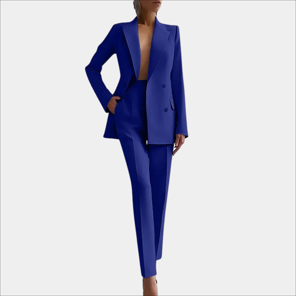 Damski garnitur wiosenny w ruchu. Elegancki komplet marynarki i spodni, idealny do biura i na specjalne okazje.