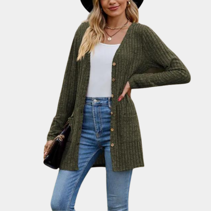 Damski kardigan casualowy, długi sweter rozpinany. Wiosenna moda damska, elegancki i komfortowy do noszenia.