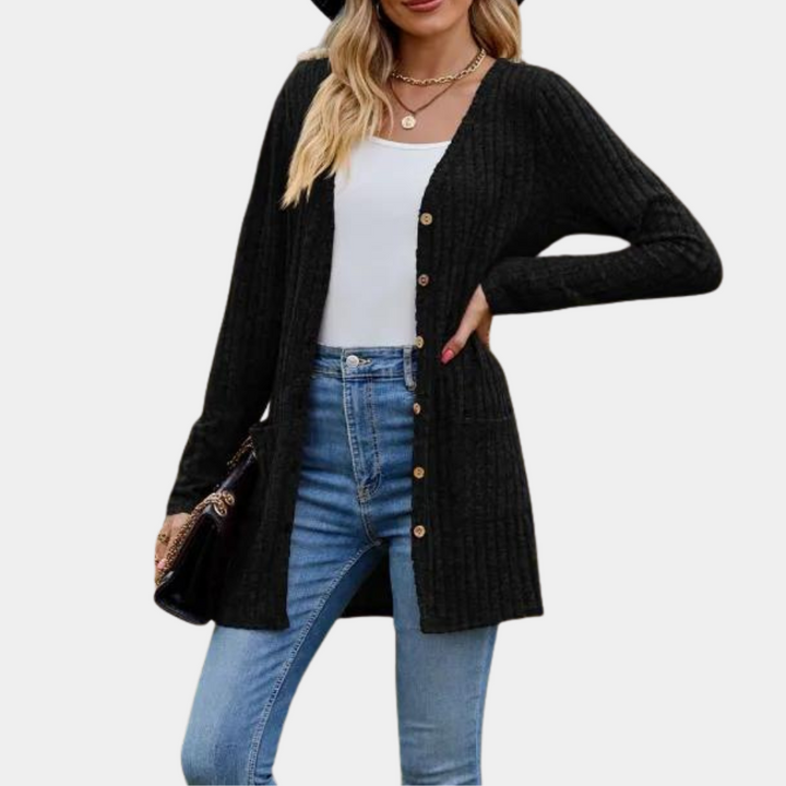 Wiosenny kardigan damski, długi i rozpinany. Elegancki sweter pasujący do stylizacji casualowych i smart-casual.