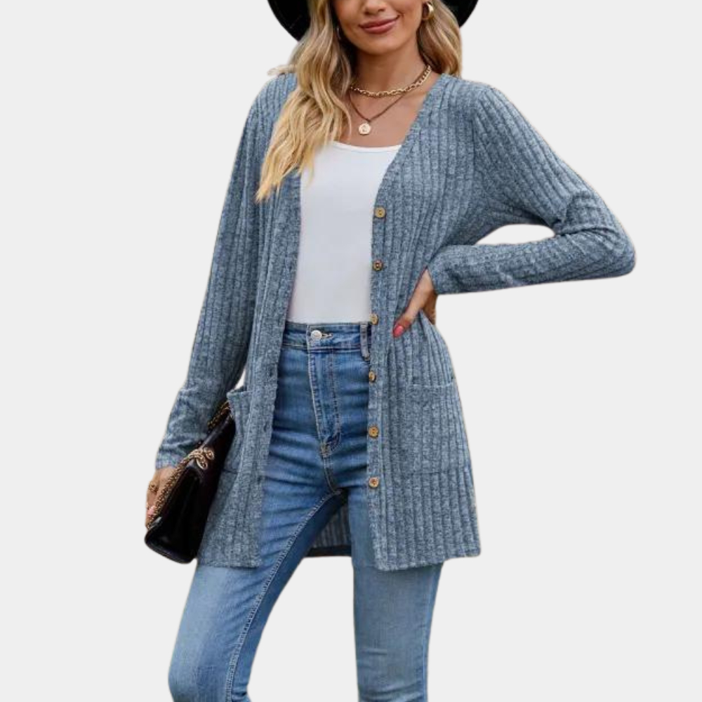 Szczegół: długi, rozpinany kardigan damski. Elegancki sweter wiosenny, komfortowa odzież damska na co dzień.