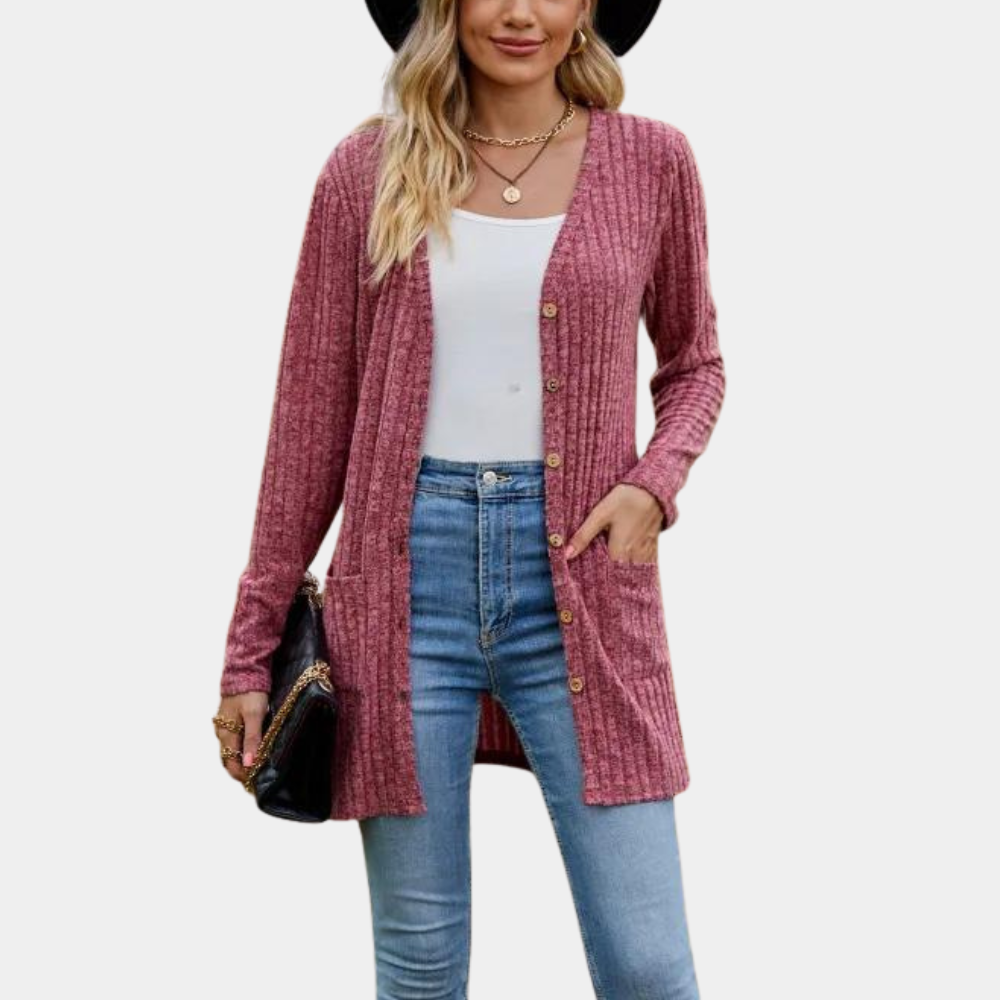 Długi damski kardigan rozpinany na wiosnę. Elegancki, casualowy sweter damski, idealny do wielu stylizacji.
