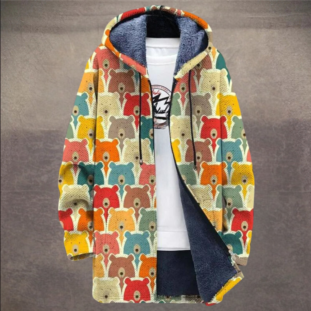 Męska kurtka jesienna/zimowa w stylu retro colorblock. Z kapturem, luźna, zapewniająca ciepło i styl.