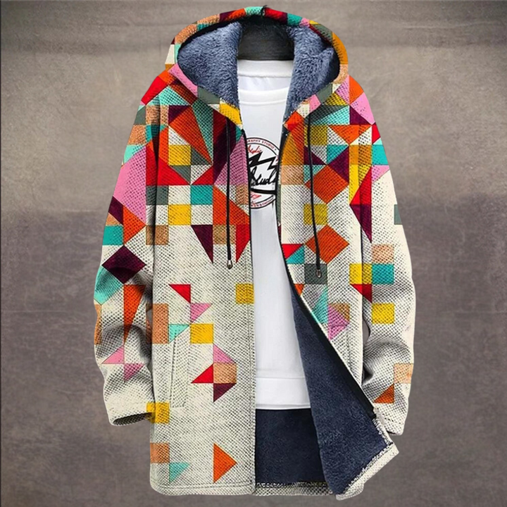 Męska kurtka retro colorblock z kapturem. Modna, luźna, jesienna/zimowa odzież wierzchnia.