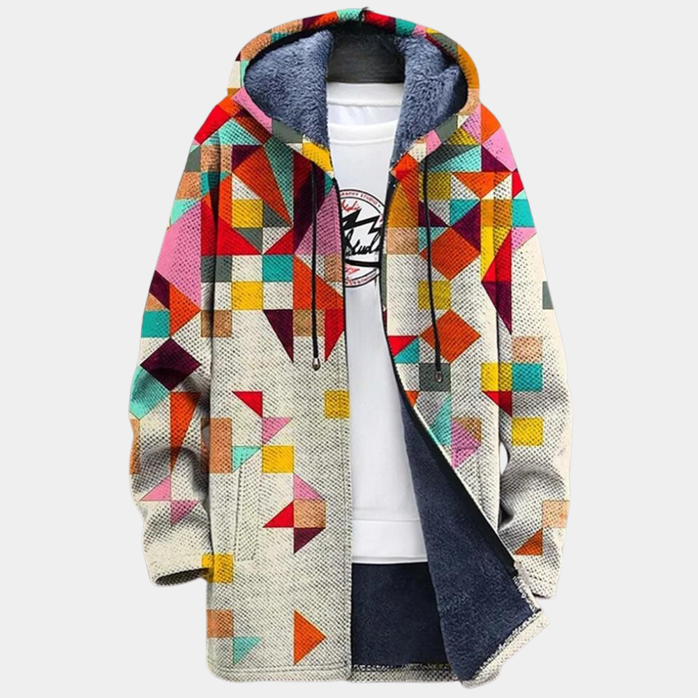Unikalna męska kurtka retro z kapturem, wzorem colorblock. Idealna na jesień/zimę, styl i komfort.