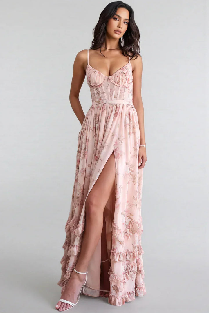 Zwiewna kwiecista sukienka maxi z rozcięciem, letnia i elegancka, na przyjęcia. Wygodna długa.