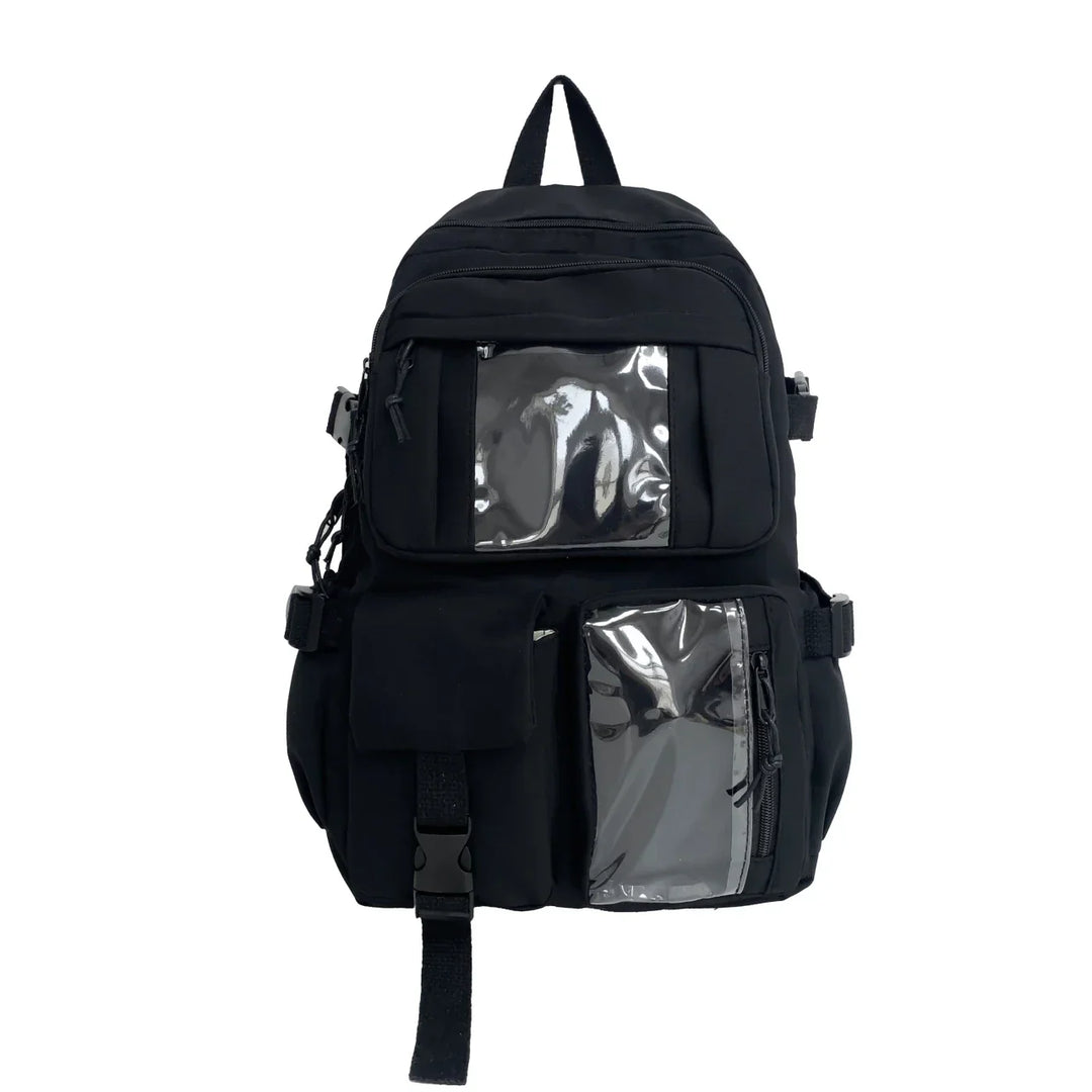 Stylowy plecak miejski casualowy z przezroczystymi okienkami. Funkcjonalny, unisex, na co dzień.