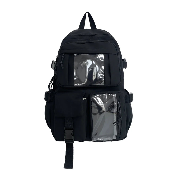 Stylowy plecak miejski casualowy z przezroczystymi okienkami. Funkcjonalny, unisex, na co dzień.