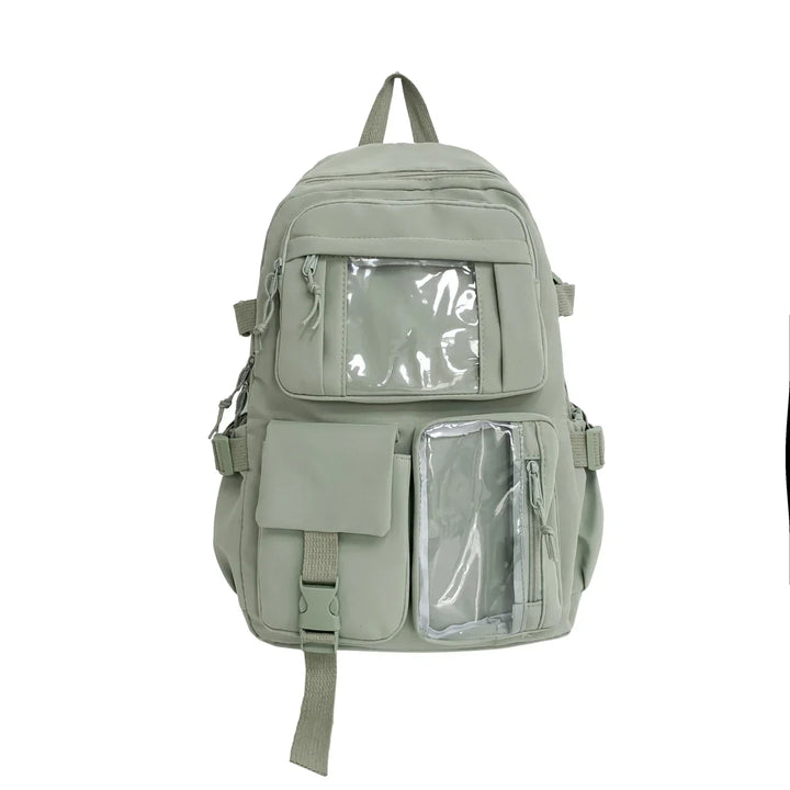 Plecak unisex z przezroczystymi okienkami. Modny design, pojemny organizer na akcesoria i dodatki.