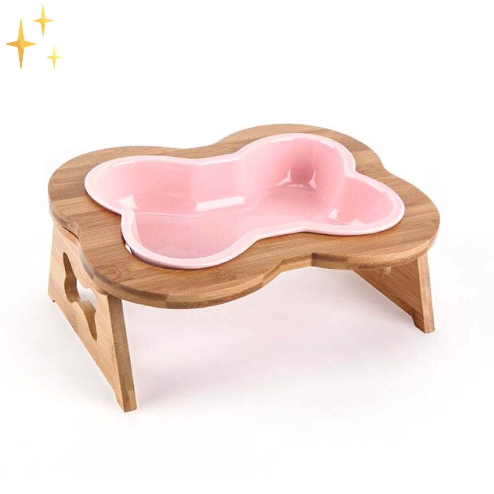 Ceramiczna miska dla psa na drewnianej podstawie. Ergonomiczna, podwyższona miska zapewniająca komfortowe jedzenie.