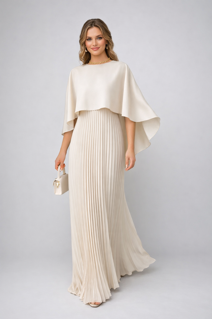 Elegancka plisowana sukienka maxi z wysokim kołnierzem, idealna na wesele lub wieczór.