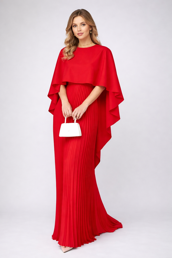 Elegancka damska plisowana sukienka maxi z wysokim kołnierzem. Idealna na wesele i galę.