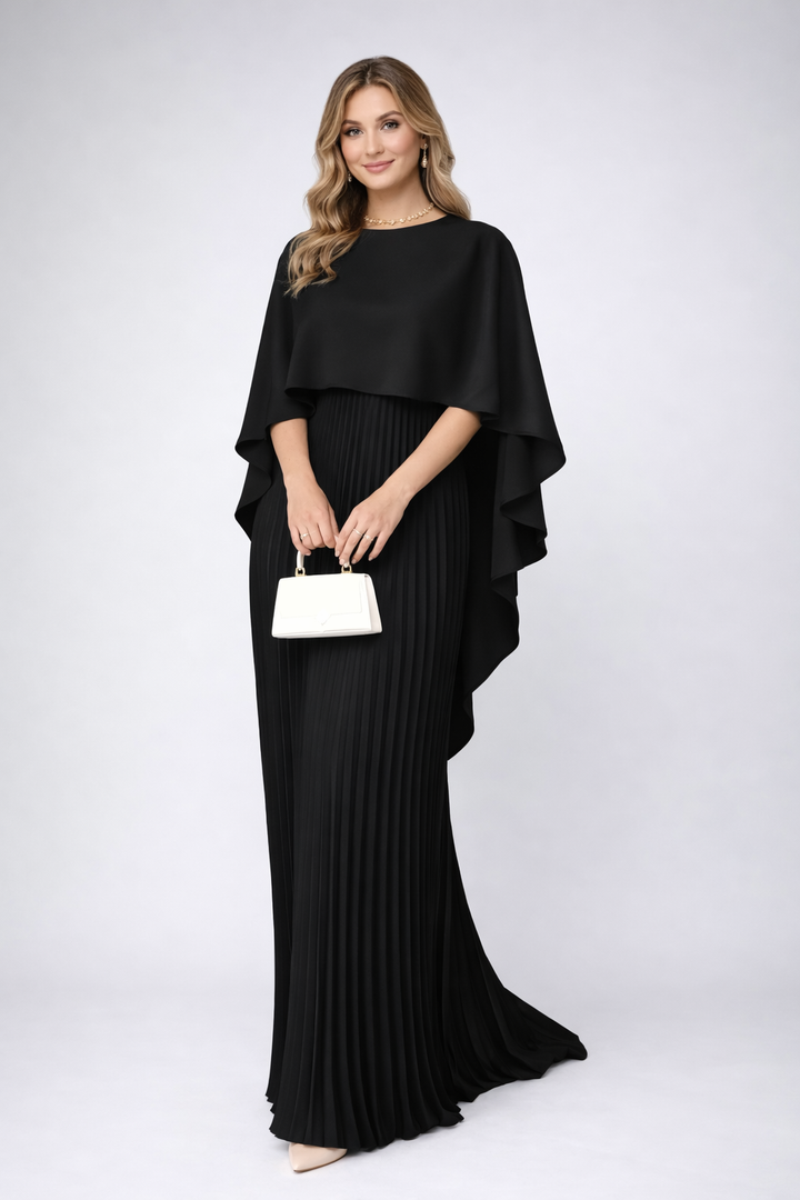 Modna damska sukienka maxi, plisowana, z eleganckim wysokim kołnierzem. Letnia propozycja.