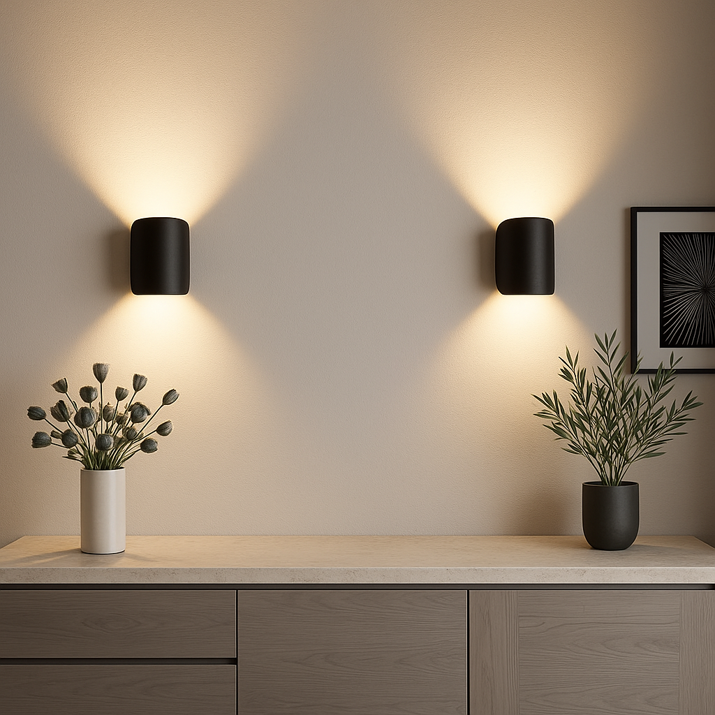 Designerska lampa ścienna LED, czarna, obrotowa, energooszczędna. Idealna do nowoczesnych wnętrz salonu i sypialni.