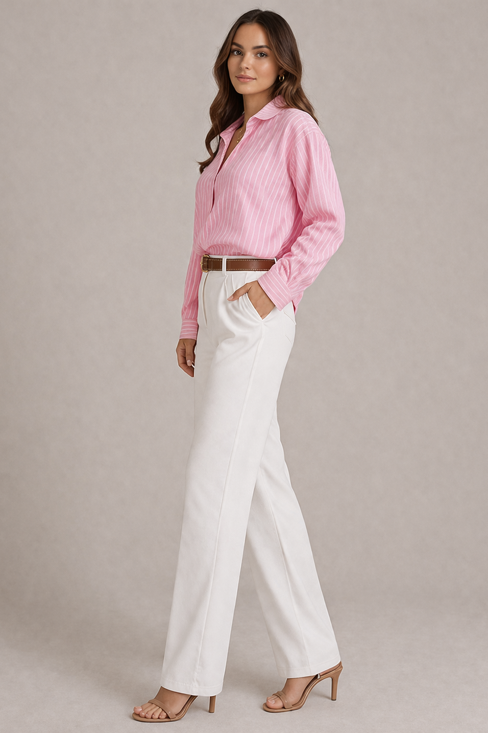 Luźna damska bluzka w różowo-białe paski, z długim rękawem, komfortowa, na elegancki i swobodny look.