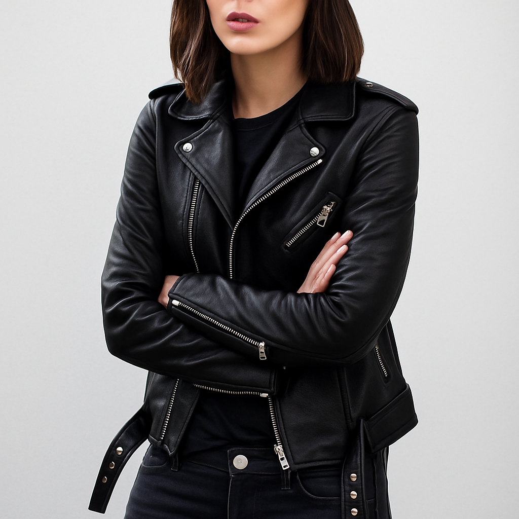 Stylowa damska ramoneska z ekoskóry w kolorze wina, slim fit. Kurtka biker w stylu vintage.