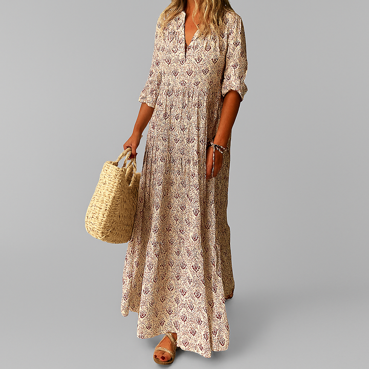 Elegancka sukienka damska maxi vintage z lekkiej bawełny. Idealna na upalne dni, z komfortowym dekoltem V.