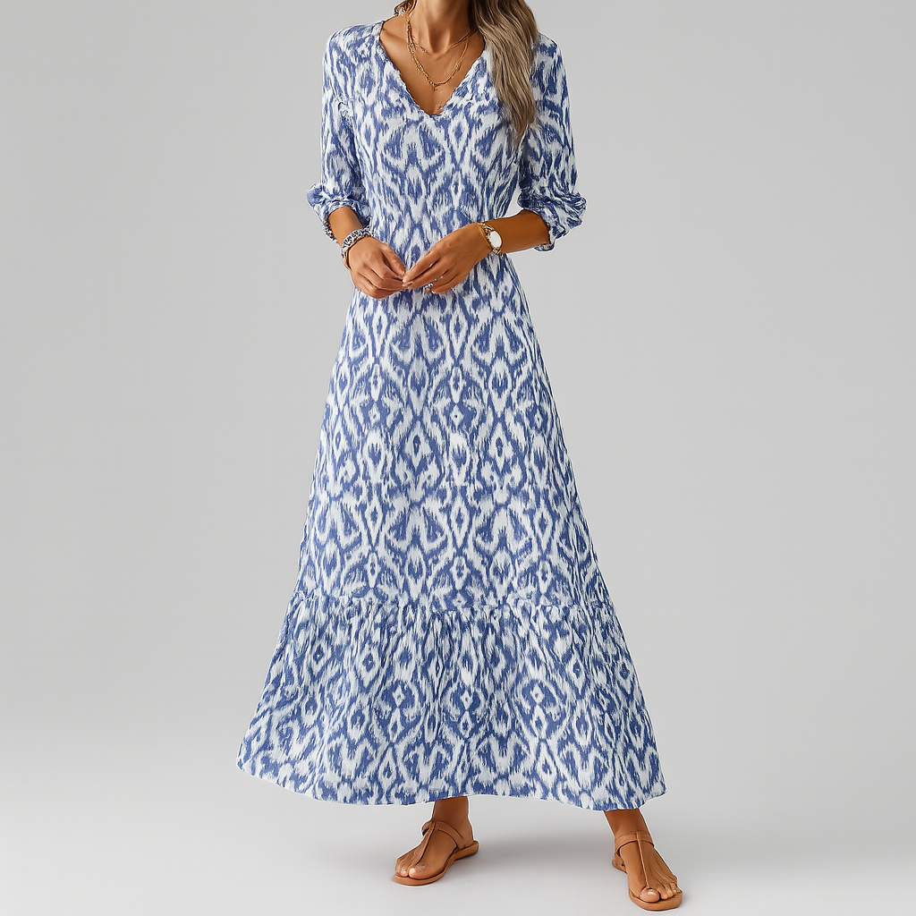 Niebieska damska sukienka maxi oversize. Luźna, komfortowa na lato, idealna na co dzień i urlop.
