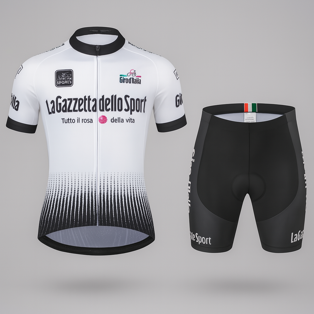 Rowerzysta w komfortowym męskim zestawie kolarskim, koszulka i spodenki z wkładką, dla optymalnej jazdy latem.