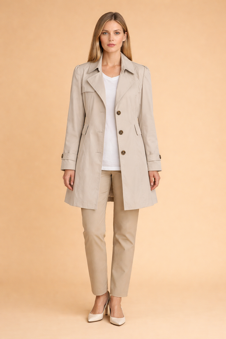 Stylowy trencz damski khaki, ponadczasowy płaszcz przejściowy, must-have do modnej garderoby.