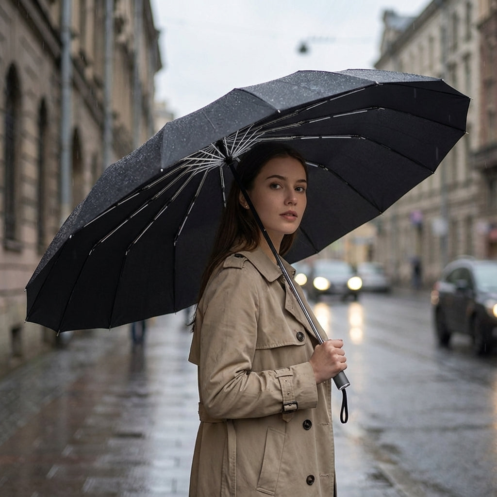 Kompaktowy, automatyczny parasol podróżny RainGuardPro, idealny do torebki, ochrona przed deszczem.