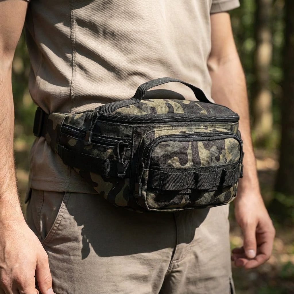Saszetka biodrowa taktyczna RangerPack. Czarna nerka outdoorowa z systemem MOLLE, idealna do podróży i EDC.