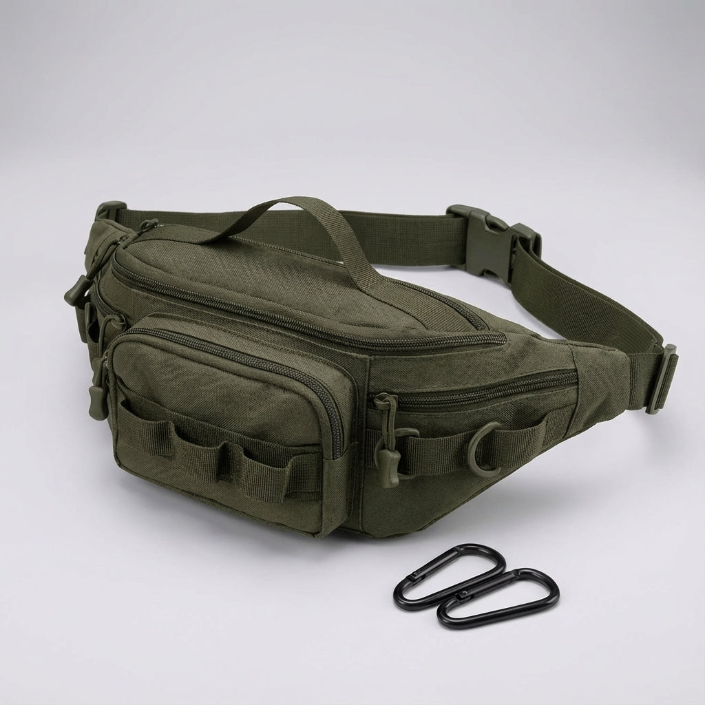 Nerka biodrowa RangerPack w akcji. Mężczyzna noszący czarną saszetkę taktyczną podczas wędrówki, idealna do podróży.