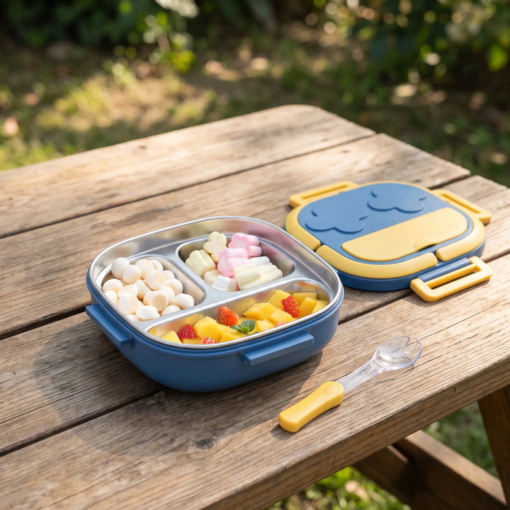 Dziecięce pudełko bento z przegródkami, idealne na lunch do szkoły i przedszkola.