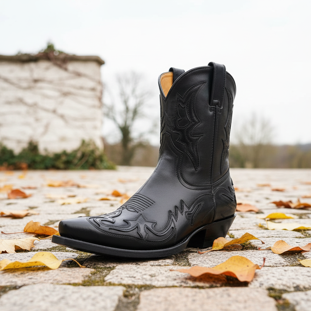 Unisexowe kowbojki skórzane DakoBoot z eleganckim haftem. Stylowe botki western na jesień i wiosnę, idealne do wielu stylizacji.