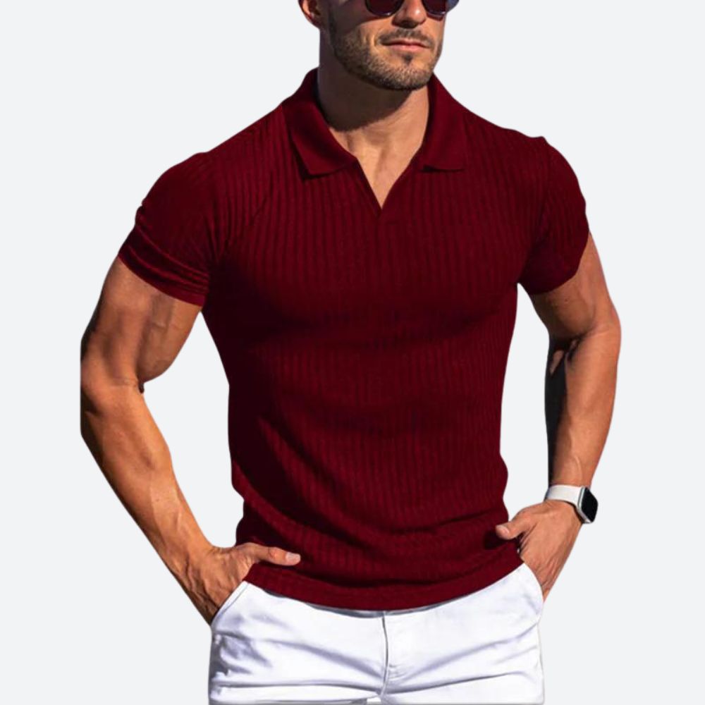 Eleganckie męskie polo slim fit w kolorze czerwonym, z krótkim rękawem. Idealne na co dzień i specjalne okazje.