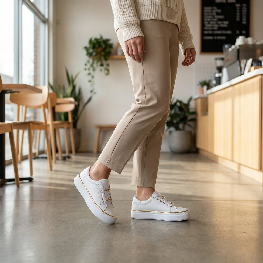 Damskie sneakersy na platformie z modnymi złotymi detalami. Idealne do codziennych stylizacji, łączą styl i komfort.
